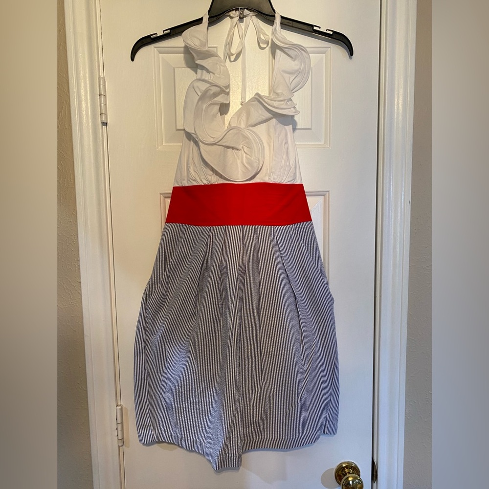 Red, white, and blue seersucker halter dress